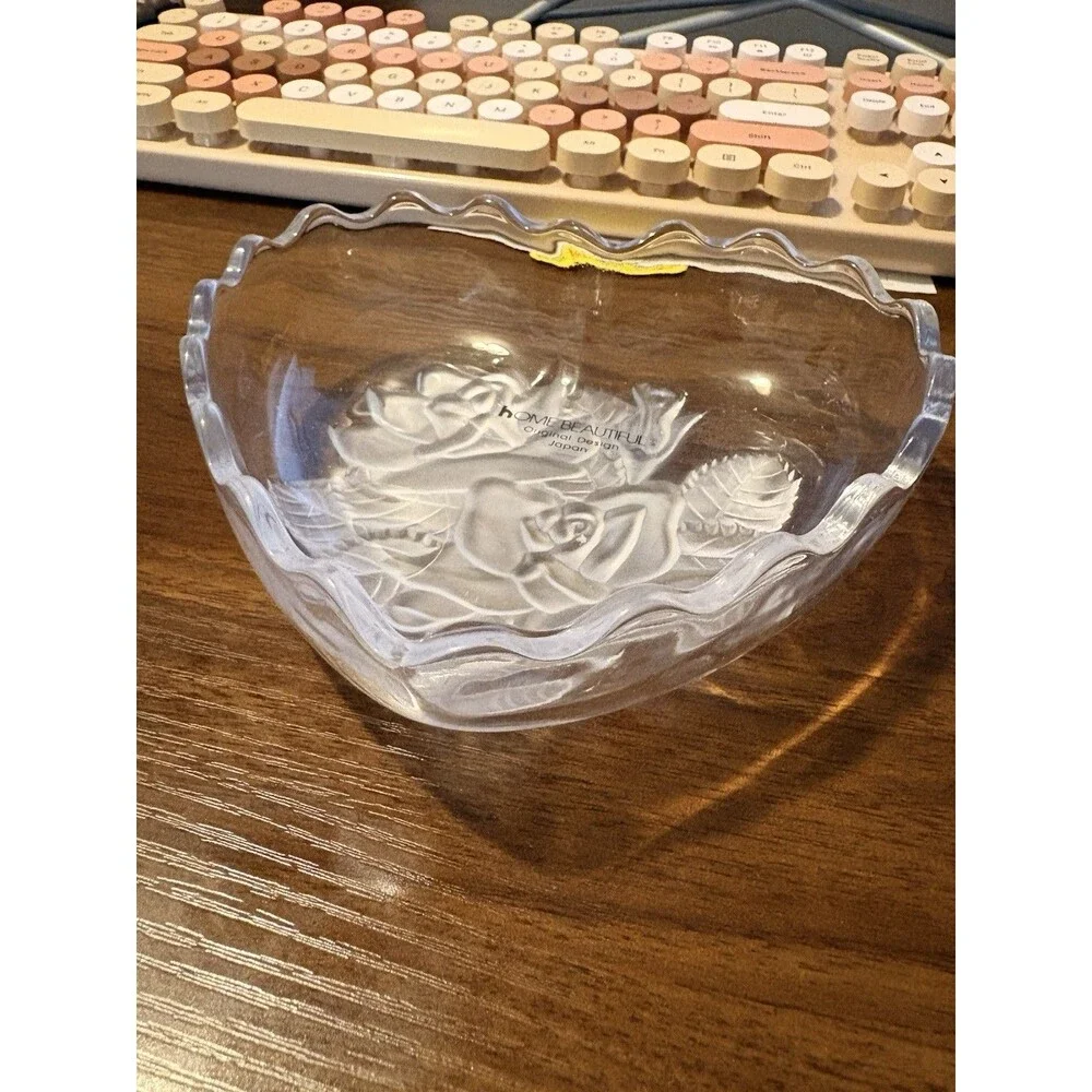 Home Beautiful Clear Heart-Shaped Glass Bowl, Floral Rose, Japan, Printed